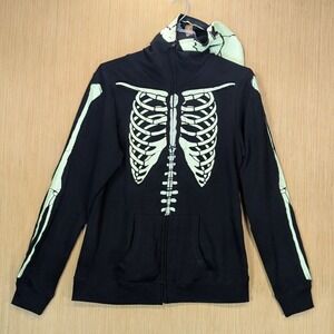 Hot Topic Teenage Runaway Skeleton‎ Skull Zip Up Hoodie Womens XL Black Costume